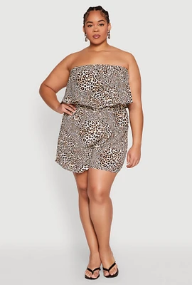Womens Plus Size Leopard Print Ruffle Overlay Romper, Brown, Size 1X