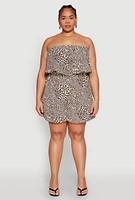 Womens Plus Size Leopard Print Ruffle Overlay Romper, Brown, Size 1X