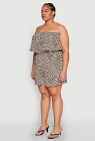 Womens Plus Size Leopard Print Ruffle Overlay Romper, Brown, Size 3X