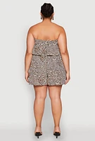 Womens Plus Size Leopard Print Ruffle Overlay Romper, Brown, Size 1X