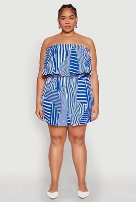 Womens Plus Size Assorted Stripe Print Ruffle Overlay Romper, Blue, Size 1X