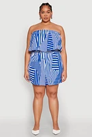 Womens Plus Size Assorted Stripe Print Ruffle Overlay Romper, Blue, Size 1X