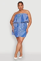 Womens Plus Size Assorted Stripe Print Ruffle Overlay Romper, Blue, Size 1X