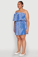 Womens Plus Size Assorted Stripe Print Ruffle Overlay Romper, Blue, Size 1X