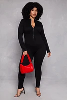 Womens Plus Size Half Zip Long Sleeve Catsuit, Black, Size 1X-2X