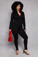 Womens Plus Size Half Zip Long Sleeve Catsuit, Black, Size 1X-2X