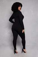 Womens Plus Size Half Zip Long Sleeve Catsuit, Black, Size 1X-2X