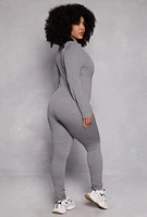 Womens Plus Size Half Zip Long Sleeve Catsuit, Grey, Size 2X-3X