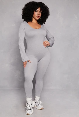 Womens Plus Size Ribbed Knit Long Sleeve Catsuit, Grey, Size 2X-3X