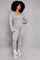 Womens Plus Size Ribbed Knit Long Sleeve Catsuit, Grey, Size 2X-3X