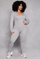 Womens Plus Size Ribbed Knit Long Sleeve Catsuit, Grey, Size 2X-3X