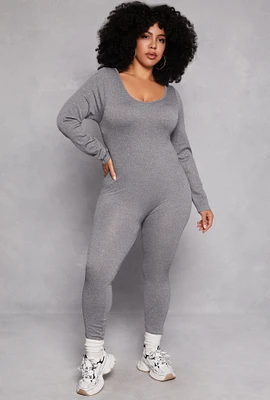 Womens Plus Ribbed Knit Long Sleeve Catsuit, 1X-2X