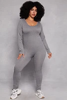 Womens Plus Size Ribbed Knit Long Sleeve Catsuit, Grey, Size 1X-2X