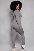 Womens Plus Size Ribbed Knit Long Sleeve Catsuit, Grey, Size 1X-2X