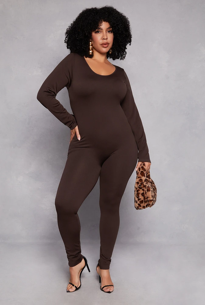 Womens Plus Ribbed Knit Long Sleeve Catsuit, 1X-2X