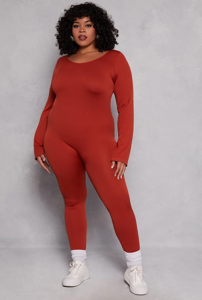 Womens Plus Size Ribbed Knit Long Sleeve Catsuit, Orange, Size 1X-2X