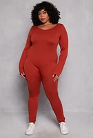 Womens Plus Size Ribbed Knit Long Sleeve Catsuit, Orange, Size 1X-2X