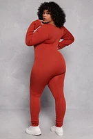 Womens Plus Size Ribbed Knit Long Sleeve Catsuit, Orange, Size 1X-2X