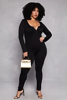 Womens Plus Size Long Sleeve Half Zip Catsuit, Black, Size 1X-2X