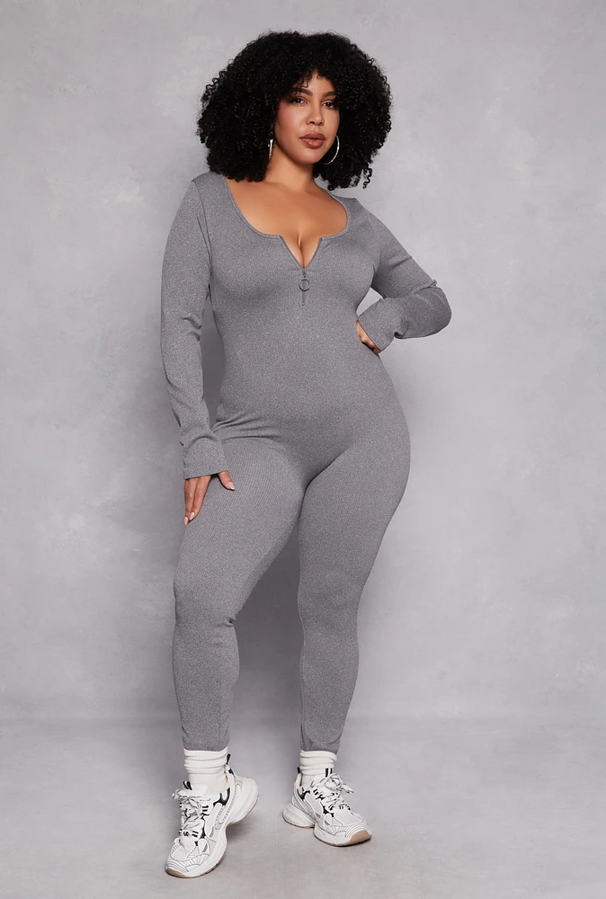 Womens Plus Size Long Sleeve Half Zip Catsuit, Grey, Size 1X-2X