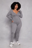 Womens Plus Size Long Sleeve Half Zip Catsuit, Grey, Size 1X-2X