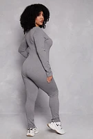 Womens Plus Size Long Sleeve Half Zip Catsuit, Grey, Size 1X-2X