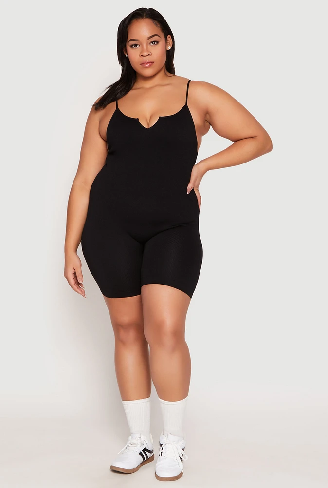 Womens Plus Size Notch Neck Cami Romper, Black, Size 2X