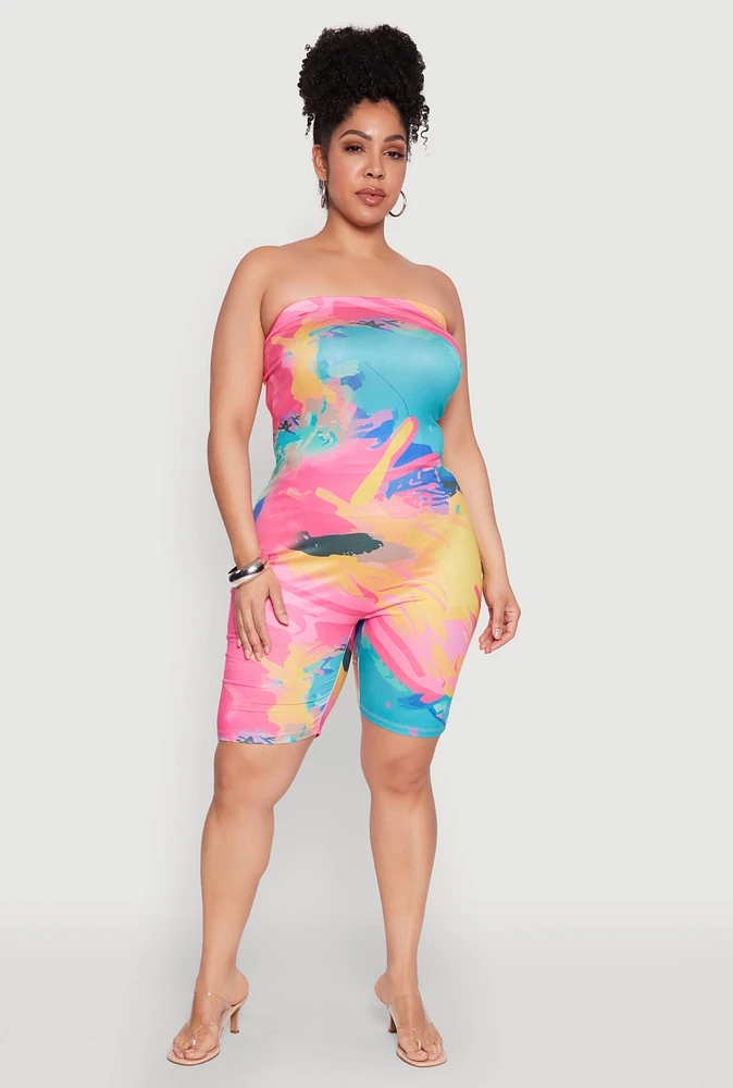 Womens Plus Size Paint Splatter Tube Romper, Multi, Size 1X