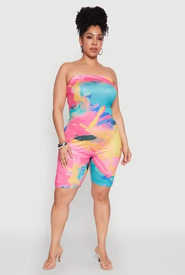 Womens Plus Size Paint Splatter Tube Romper, Multi, Size 1X