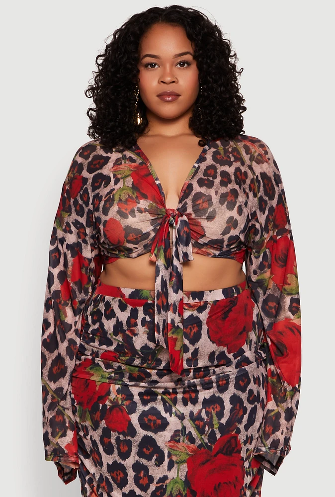 Womens Plus Size Mesh Jaguar Rose Print Tie Front Crop Top, Multi, Size 2X