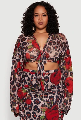 Womens Plus Size Mesh Jaguar Rose Print Tie Front Crop Top, Multi, Size 2X