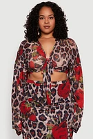 Womens Plus Size Mesh Jaguar Rose Print Tie Front Crop Top, Multi, Size 2X
