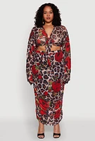 Womens Plus Size Mesh Jaguar Rose Print Tie Front Crop Top, Multi, Size 2X