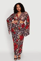 Womens Plus Size Mesh Jaguar Rose Print Tie Front Crop Top, Multi, Size 2X