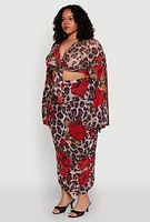 Womens Plus Mesh Jaguar Rose Print Tie Front Crop Top, Multi,