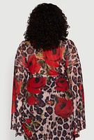 Womens Plus Size Mesh Jaguar Rose Print Tie Front Crop Top, Multi, Size 2X