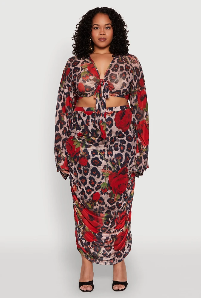 Womens Plus Size Mesh Jaguar Rose Print Ruched Skirt, Multi, Size 3X