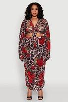 Womens Plus Size Mesh Jaguar Rose Print Ruched Skirt, Multi, Size 3X
