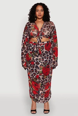 Womens Plus Size Mesh Jaguar Rose Print Ruched Skirt, Multi, Size 2X