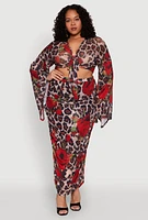 Womens Plus Size Mesh Jaguar Rose Print Ruched Skirt, Multi, Size 2X