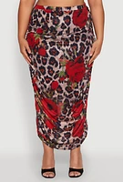 Womens Plus Size Mesh Jaguar Rose Print Ruched Skirt, Multi, Size 3X