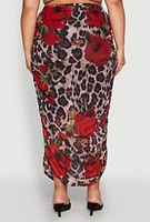 Womens Plus Size Mesh Jaguar Rose Print Ruched Skirt, Multi, Size 3X