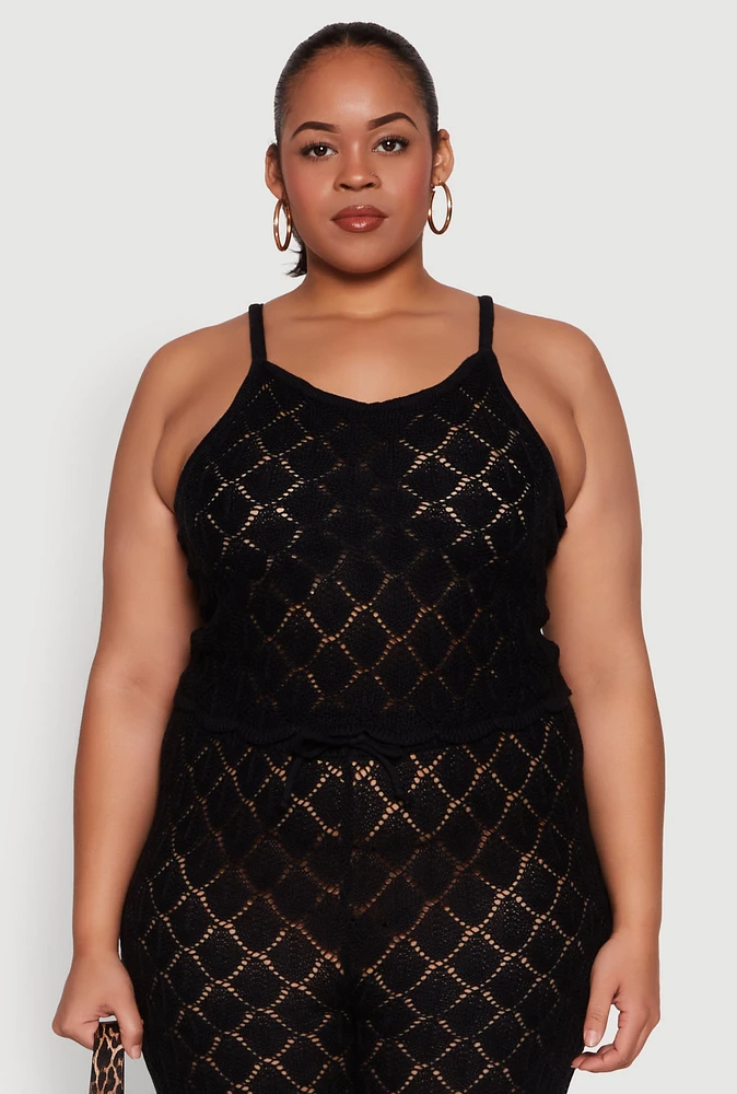 Womens Plus Size Crochet Diamond Knit Cami, Black, Size 1X