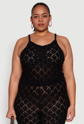 Womens Plus Size Crochet Diamond Knit Cami, Black, Size 1X