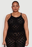 Womens Plus Size Crochet Diamond Knit Cami, Black, Size 1X