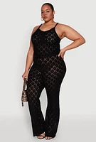 Womens Plus Size Crochet Diamond Knit Cami, Black, Size 1X