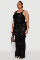 Womens Plus Size Crochet Diamond Knit Cami, Black, Size 1X