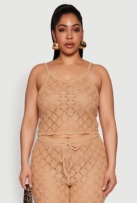 Womens Plus Size Crochet Diamond Knit Cami, Beige, Size 3X