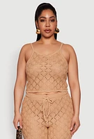 Womens Plus Size Crochet Diamond Knit Cami, Beige, Size 3X