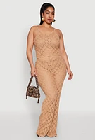 Womens Plus Size Crochet Diamond Knit Cami, Beige, Size 3X